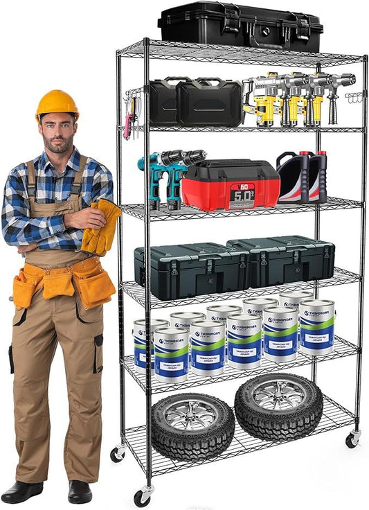 YNN Storage Shelves,2100Lbs 6 Tier Heavy Duty Metal Rolling Shelving Unit with Wheels & 8 Hooks, Adjustable Garage Wire Rack for Kitchen, Bathroom,Industrial,Pantry(36" W x 14" D x 72" H,Black) - ModernBath