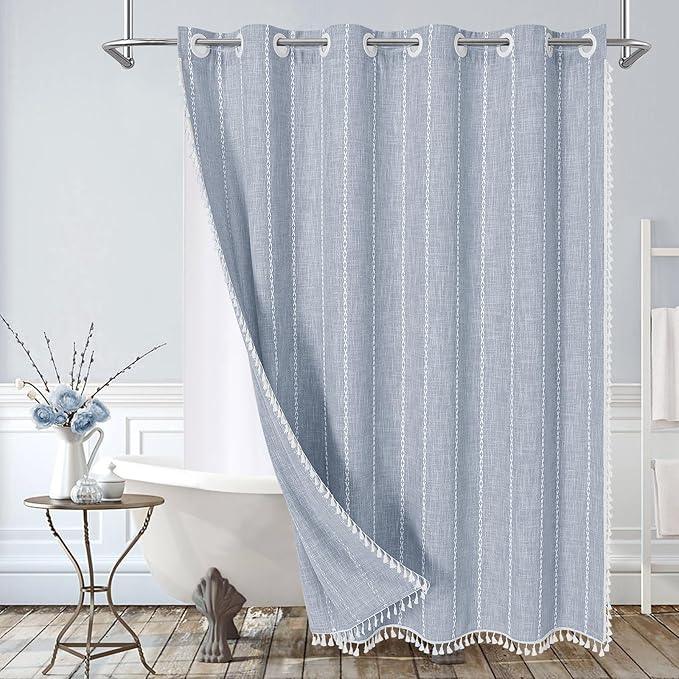 MitoVilla No Hooks Required Boho Farmhouse Shower Curtain with Snap-in Liner, Cotton Linen Fabric Shower Curtains with Tassels for Rustic Neutral Bathroom Decor, Blue, 72 x 74 - ModernBath