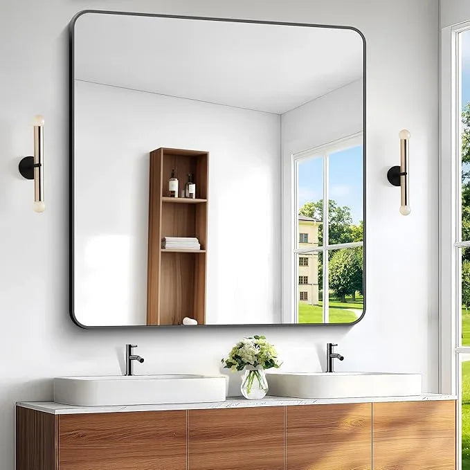 BONEWEI 48x48 inch Bathroom Mirror,Black Rectangle Mirror,Wall Mounted Bathroom Frame Vanity Mirror with Round Corner for Bedroom Living Room,Entryway Hangs Horizontal or Vertical - ModernBath