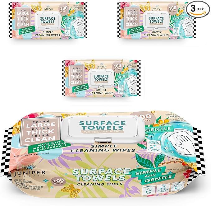Juniper CLEAN 3 Packs Surface Cleaning Wipes, Thick & Large Dispose, All-Purpose Cleaner for Bathroom, Kitchen, Office, 300 Count Soft Flow, Biodegradable, White Soap Scent - ModernBath