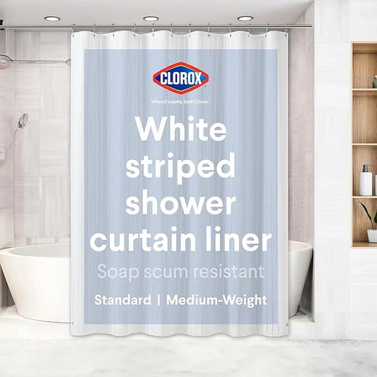 CLOROX Shower Curtain Liner, Premium Striped Medium-Weight Durable Waterproof 6g PEVA for Bathroom with Weighted Magnets, Printed Standard Size 72" x 72", White - ModernBath