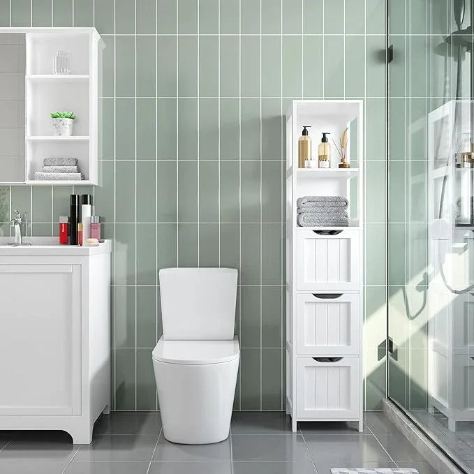 Yaheetech Bathroom Tall Cabinet, Slim Storage Cabinet, Narrow Freestanding Floor Cabinet with 3 Drawers & 2 Shelves, Linen Tower for Small Space, 12" D x 12" W x 56" H, White - ModernBath