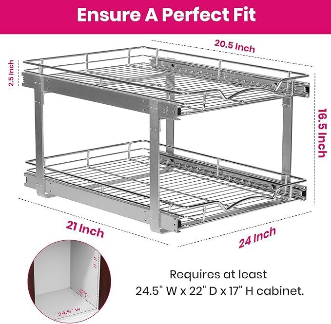 HOLDN’ STORAGE Two Tier Pull Out Cabinet Organizer, Individual Sliding Drawers - Heavy Duty Metal with Lifetime Limited Warranty - Anti Rust Chrome Finish - 24" W x 21”D x 16.5" H - ModernBath
