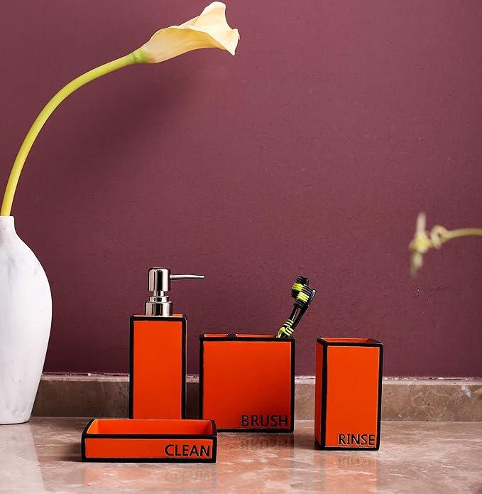 Hymmah Bathroom Accessories Set,Toothbrush Holder,Farmhouse Bathroom Decor,4 Pcs Resin Gift Set Apartment Necessities, Contain Toothbrush Cup,Soap Dispenser,Soap Dish,Tumbler Orange - ModernBath