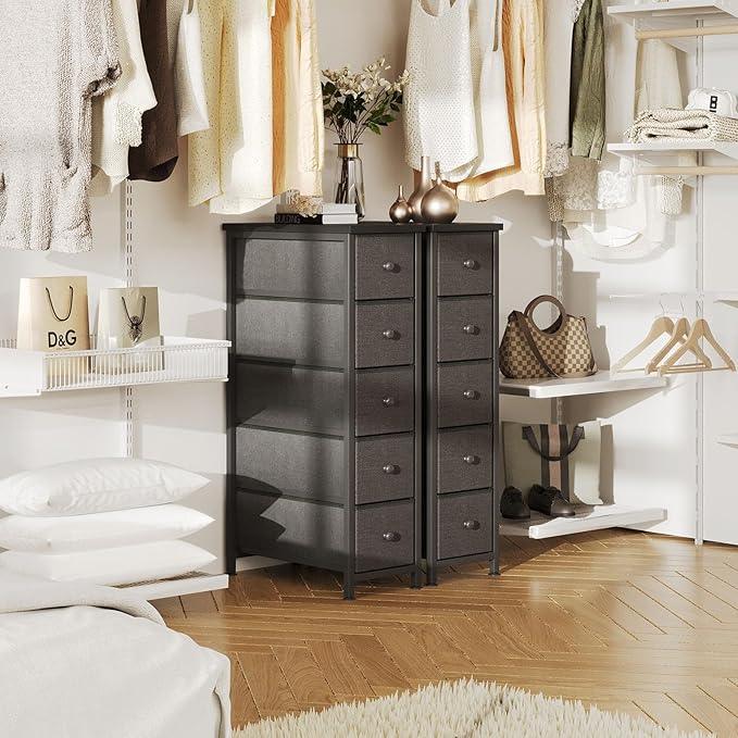 Narrow Dresser, 19" Wide Narrow Nightstand Dresser Storage Tower with 5 Drawers, Slim Fabric Dressers Chest of Drawers for Small Spaces, Wood Top & Fabric Bins for Bedroom Bathroom Closet (Black) - ModernBath