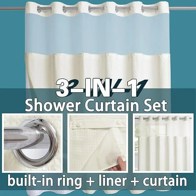 Extra Wide No Hook Waffle Weave Shower Curtain with Snap in Liner Set, 108" x 74" Hotel Luxury Beige Shower Curtains for Bathroom with See Through Top Window, Waterproof, Washable 108W x 74H - ModernBath
