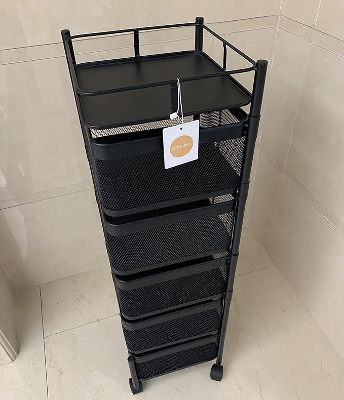 Fruit and Vegetable Basket for Kitchen No Assembly， Rotating Storage Rack,Bathroom Storage Shelf, Kitchen Organizers and Storage Cart on Rolling Wheels(Black, 5 Tier-Square) - ModernBath