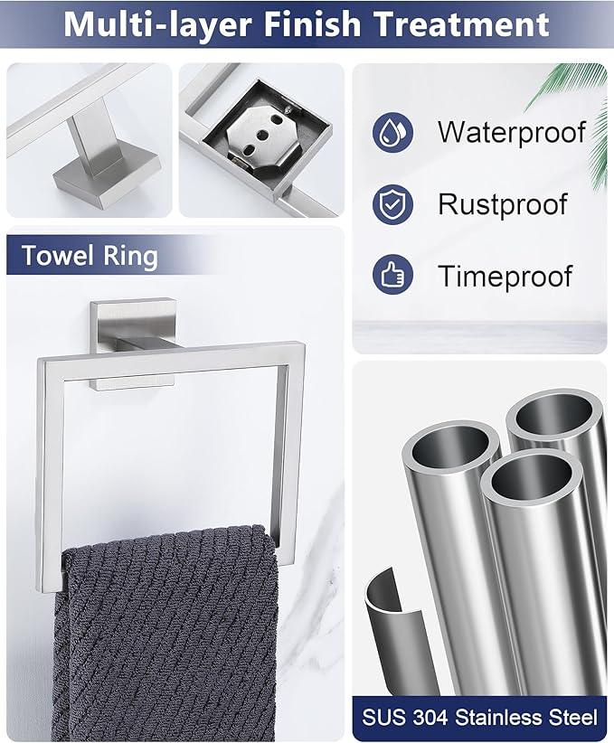 Brushed Nickel Bathroom Hardware Set 4 Pieces, Toilet Paper Holder Set SUS304 Stainless Steel Bath Hand Towel Ring for Bathroom Hardware Accessories Set Wall Mounted - ModernBath