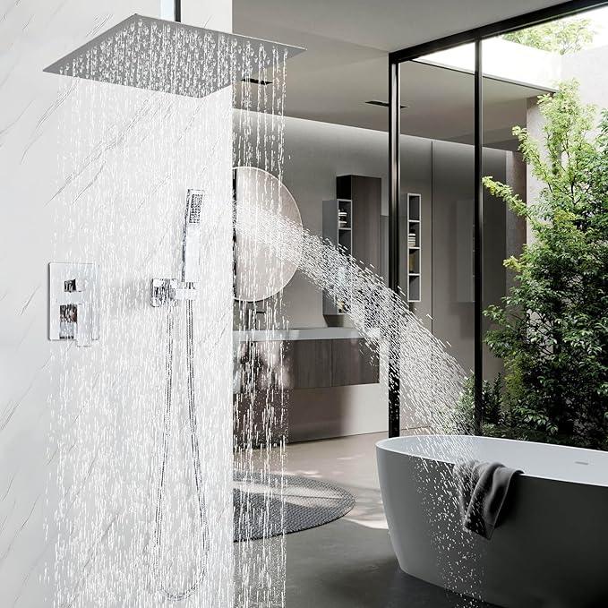 Shower Faucet Set Chrome Rain Shower System with High Pressure 10 Inches Rain Shower Head and Handheld Spray Bathroom Luxury Rain Mixer Shower Complete Combo Set Ceiling Mounted - ModernBath