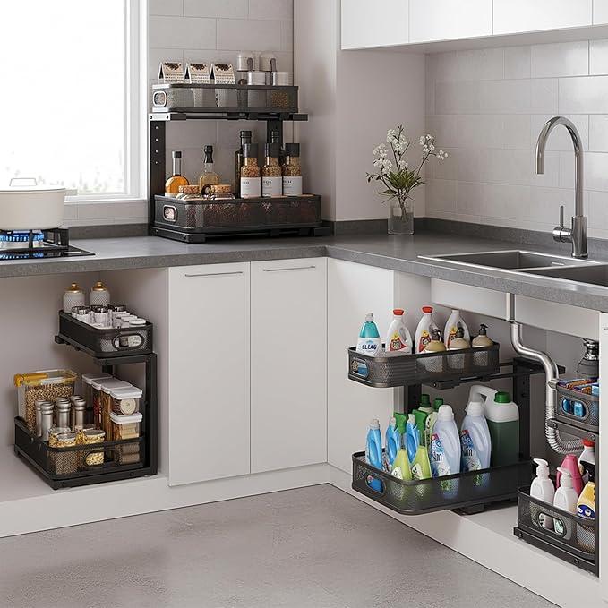 2 Pack Under Sink Organizer, Dual-Layer Pull Out Mesh Cabinet Rack with 5-Level Height Adjustment, Rust-Resistant Sliding Storage for Bathroom & Kitchen, Multi-Purpose 2-Tier Shelf(Black) - ModernBath