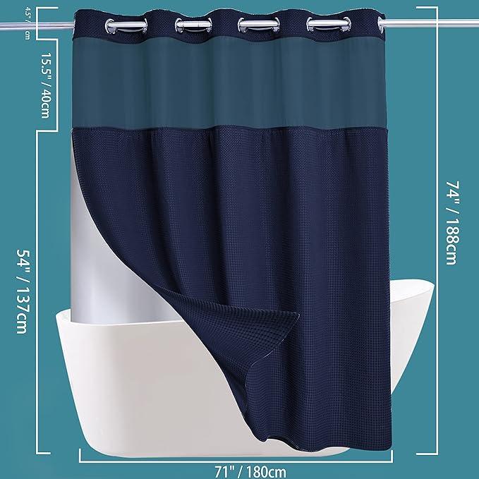 Conbo Mio No Hook Waffle Weave Shower Curtain with Snap in Liner Set, Hotel Luxury Navy Blue Shower Curtains for Bathroom with See Through Top Window, Waterproof, Washable 71W x 74H - ModernBath
