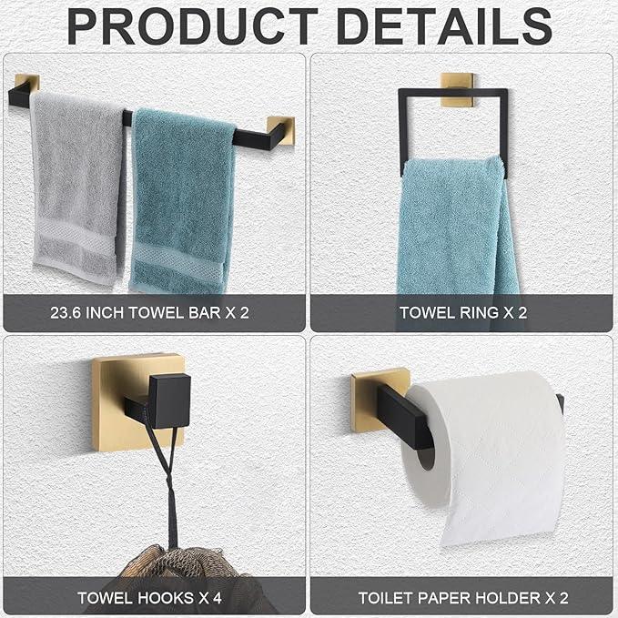 Gisafai 10 Pcs Black Gold Bathroom Hardware Accessories Set 23.6 Inch Bath Towel Bar Kit Stainless Steel Bathroom Hardware Set Towel Racks Ring Robe Hooks Paper Holder for Wall Mounted - ModernBath