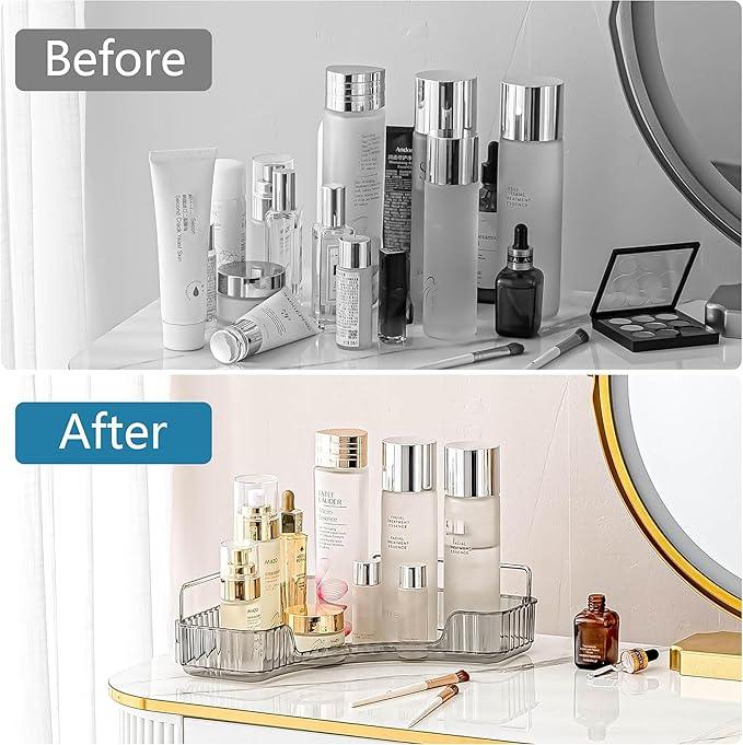 INVSSENE Corner Bathroom Countertop Organizer, Vanity Organizer Trays for Counter, Makeup Organizers, Perfume Tray, Skincare Shelf Storage Gifts for Women Girl Student (Smoky Gray 1 Tier) - ModernBath