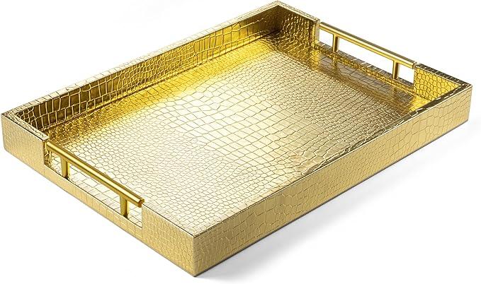 ATZYmolin 17" x 12" Wood Serving Tray with Gold Polished Metal Handles, Home Decorative Wooden Rectangle Ottoman Leather Decor Platter Bathroom Vanity Tray for All Occasions Alligator Gold - ModernBath
