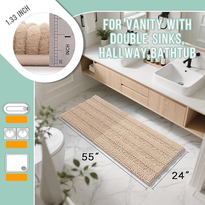 Yimobra Bathroom Runner Rugs 55"x24", Non Slip and Absorbent Bath Mat, Super Soft Water Absorbent Hallway Carpet, Machine Washable Rug for Vanity Tub Shower, Beige - ModernBath