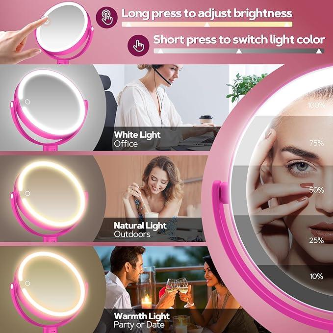 B Beauty Planet Makeup Mirror with Lights, Lighted Magnifying Mirror 30X with 3 Lighting and Adjustable Brightness, 2-Sided Height Adjustable Vanity Mirror for Bathroom, Gifts for Women Hot Pink - ModernBath