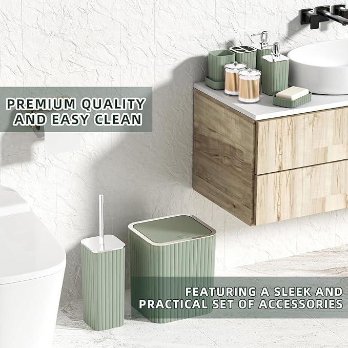 XLHOMO Bathroom Accessories Set - Gorgeous Sage Green Bathroom Set, 10PC Bathroom Accessory Set, Toilet Brush, Trash Can, Qtip Holder Dispenser & Soap Dispenser - ModernBath