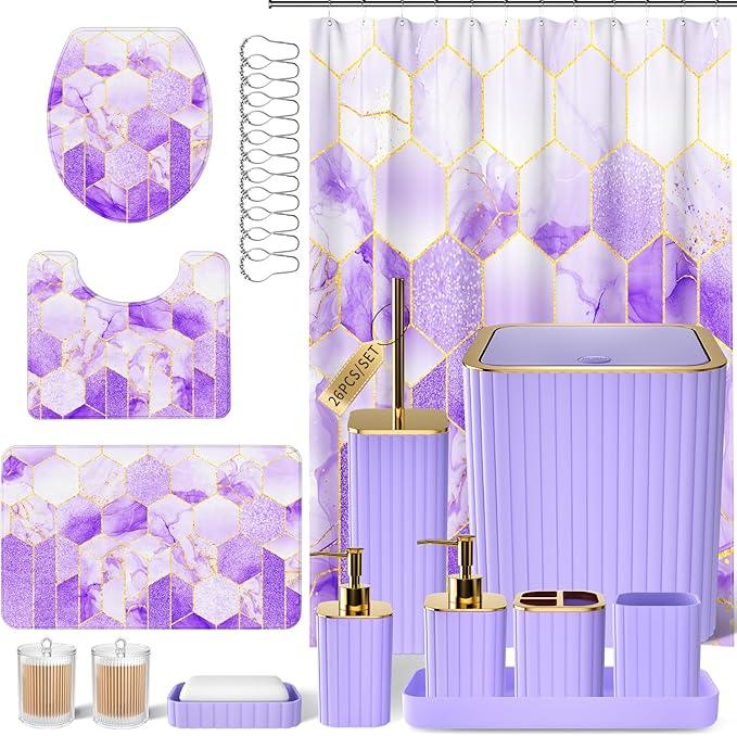 XLHOMO Bathroom Set - 26PC Bathroom Set with Shower Curtain and Rugs, Bathroom Accessory Set, Purple Bathroom Accessories Set, Trash Can & Soap Dispenser - ModernBath