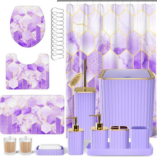 XLHOMO Bathroom Set - 26PC Bathroom Set with Shower Curtain and Rugs, Bathroom Accessory Set, Purple Bathroom Accessories Set, Trash Can & Soap Dispenser - ModernBath