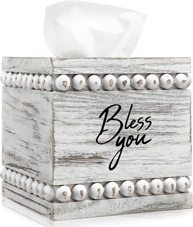 Yiyiring Bless You Beaded Square Tissue Box Cover, Rustic Farmhouse Vintage Wooden Tissue Holder White Box Distressed Napkin Holder for Table Bathroom Decor - ModernBath