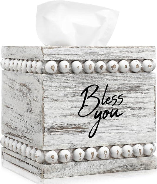 Yiyiring Bless You Beaded Square Tissue Box Cover, Rustic Farmhouse Vintage Wooden Tissue Holder White Box Distressed Napkin Holder for Table Bathroom Decor - ModernBath