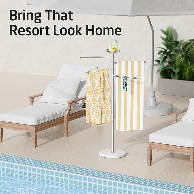 KES Hot Tub Towel Rack Outdoor with 1.5X Heavier Natural Marble Weighted Base, Pool Towel Rack with 360° Adjustable Arms & Storage Tray, 18/8 Stainless Steel, Brushed Steel, OTR203-2 - ModernBath