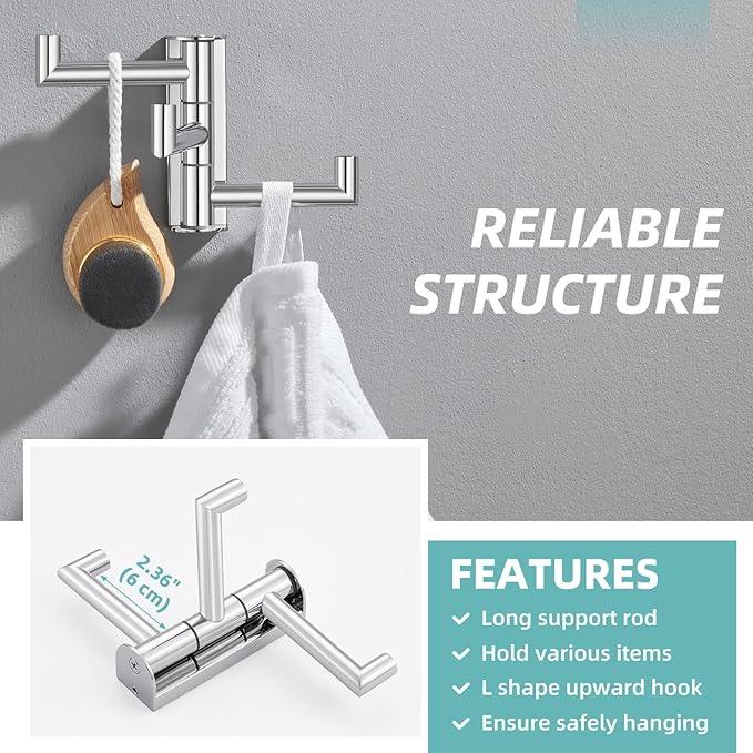 APLusee Polished Chrome Swivel Towel Hook for Bathroom, Heavy Duty 304 Stainless Steel Bathroom Wall Hook with Multi 3 Arms, Wall Mounted Towel Hanger for Kitchen Garage - ModernBath