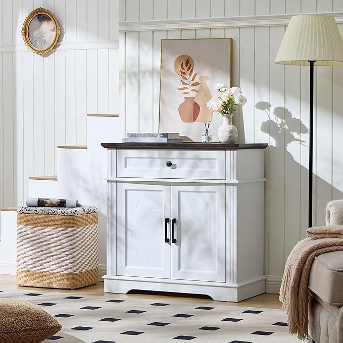 White Farmhouse Storage Cabinet with 2 Doors and 1 Drawer, Adjustable Shelf, Freestanding Kitchen Pantry Cabinet, Modern Buffet Sideboard Coffee Bar Cabinet Living Room Bathroom Dining Room - ModernBath