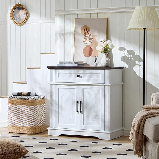 White Farmhouse Storage Cabinet with 2 Doors and 1 Drawer, Adjustable Shelf, Freestanding Kitchen Pantry Cabinet, Modern Buffet Sideboard Coffee Bar Cabinet Living Room Bathroom Dining Room - ModernBath