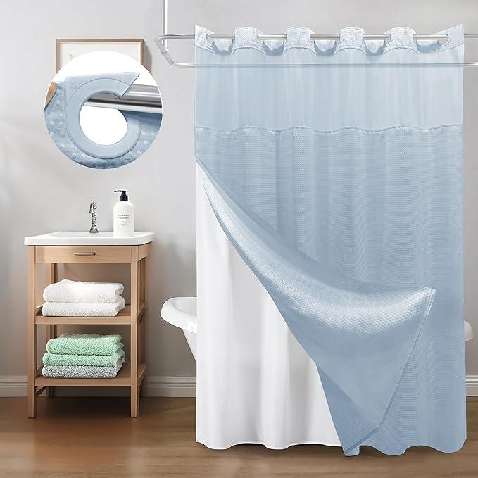 Inhousolu Extra Long No Hook Shower Curtain with Snap in Fabric Liner Set Waffle Weave 230GSM Weighted Hem, Waterproof & Washable Bathroom Curtain Spa Luxury with Mesh Top Window 72"W x 84"L Fog Blue - ModernBath