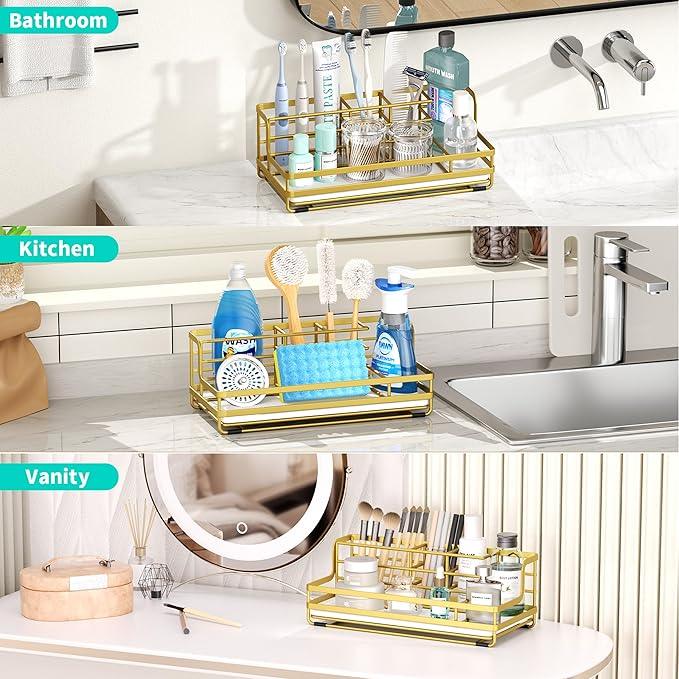 HapiRm Toothbrush Holders for Bathroom - 5 Partitions Bathroom Counter Organizer with Instant Drying Stone, Stainless Steel Countertop Storage Electric Toothbrush Toothpaste Holder - Gold - ModernBath