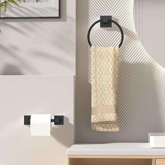 FORIOUS Toilet Paper Holder Wall Mount and Hand Towel Ring Set, SUS 304 Stainless Steel Double Post Pivoting Tissue Roll Holder, Modern Bathroom Hardware Accessories Set, Matte Black - ModernBath