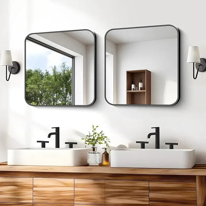 CIVENO Black Bathroom Mirror, 18 x 18 inch Square Mirrors for Wall, Metal Frame Rounded Corner Vanity Mirror for Over Sinks Modern Bedroom Living Room Horizontal Or Vertical Mounting - ModernBath