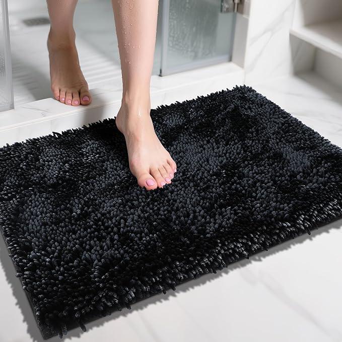 Yimobra Chenille Bathroom Rugs Non Slip, Extra Thick Soft Absorbent Bath Rug 31.5x20 Inch, Machine Washable Quick Dry Bath Mat for Bathroom Floor, Tub and Shower, Home Decor Accessories, Black - ModernBath