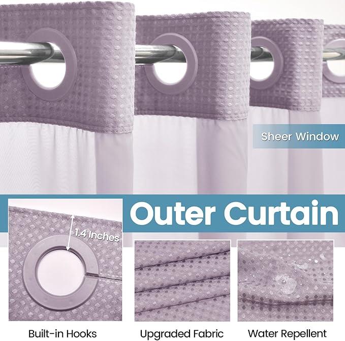 EUTXL Lavender Long No Hook Shower Curtain with Snap in Liner,230GSM Waffle Weave Shower Curtains for Bathroom,71W x 86H - ModernBath