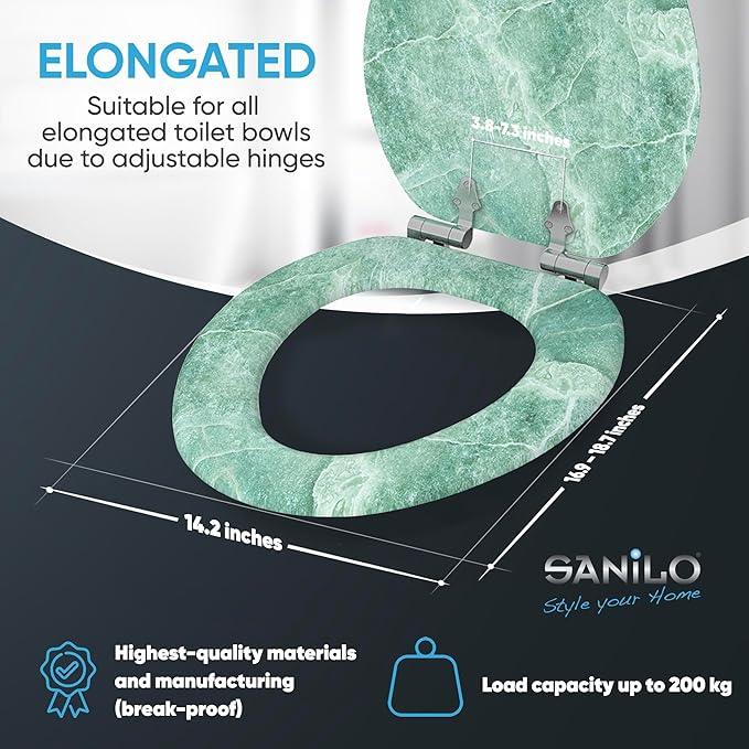 SANILO Wooden Toilet Seat with Soft Close [ELONGATED] - Decorative, Quiet & Slow Close Molded Wood Seat - With Strong Bumpers & Hinges - Adjustable Fit - Marble Green - ModernBath