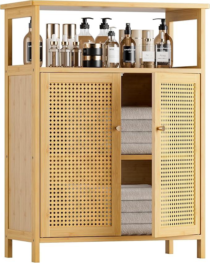 HITNET Rattan Bathroom Storage Cabinet, Bamboo Floor Cupboard with 2 Doors, Freestanding Side Organizer for Living Room, Kitchen, Entryway, Natural - ModernBath
