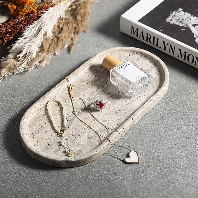 Koville Natural Travertine Tray for Bathroom Countertop, 12"x6" Vanity Decorative Marble Tray for Perfume, Candles, Jewelry, Stone Catchall Trays Jewelry Dish, Silver Stone Trays for Kitchen Counter - ModernBath