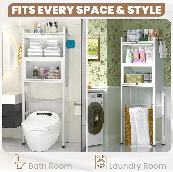 ZZL Over The Toilet Storage Cabinet,3-Tier,Bathroom Toilet Organizer,Waterproof, Cabinet Door Design,Freestanding Space Saver with 4 Hooks for Bathroom,White - ModernBath