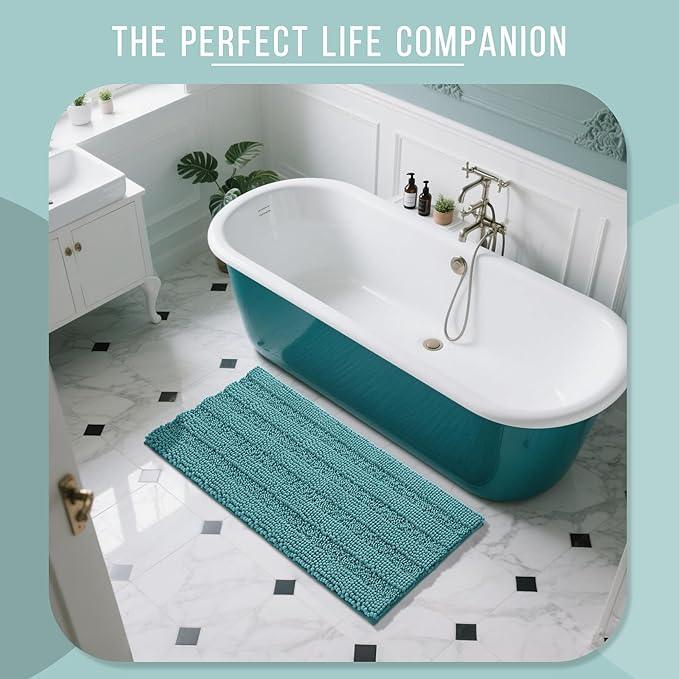 Yimobra Bathroom Rug Mat 44 x 24, Non Slip and Super Absorbent Bath Mat,Machine Washable Quick Dry,Ultra Plush Chenille Shower Rugs for Bathroom Floor Sink Tub and Shower Outside,Teal Blue - ModernBath