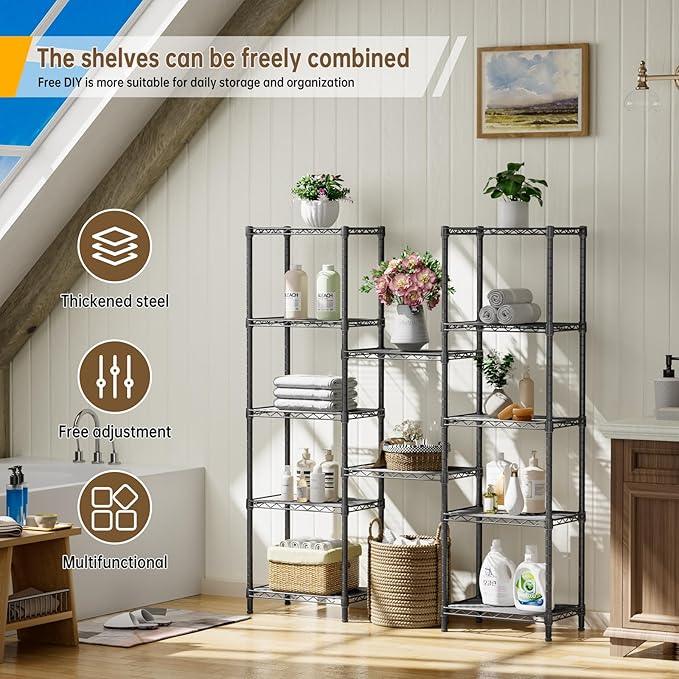 6 Tier Shelf Adjustable Storage Mesh Gaps Metal Utility Shelves Wire Shelving Unit Organizer Rack for Home Kitchen Office Bathroom Pantry Room10 D x 16" W x 60" H Black - ModernBath