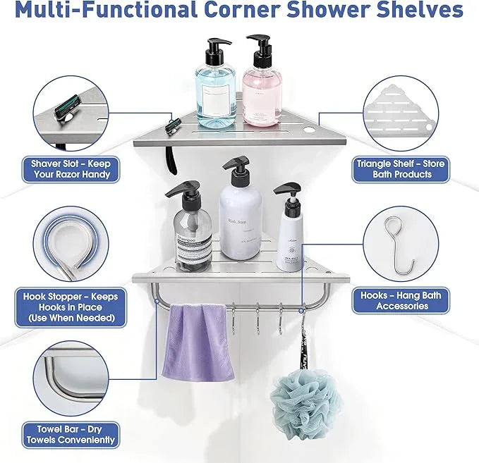 Shower Corner Shelf, 10'' Corner Shower Shelf with Towel Bar & Hooks, 2-Pack 304 Stainless Steel Recessed Bathroom Shelves, No Drilling for Tiled Wall (Brushed Nickel) - ModernBath