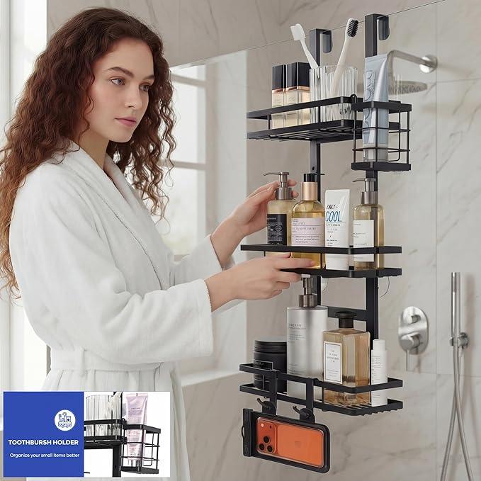 WEYALLE Over the Door Shower Caddy Hanging, Rustproof Shower Shelves with Waterproof Phone Pouch, 3-Tier Adjustable Bathroom Organizers and Storage, No Drilling Shower Shelf, Black Shampoo Soap Holder - ModernBath