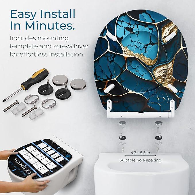 Sanilo Wooden Toilet Seat with Quick Release & Soft Close [ROUND] - Decorative & Slow Close Molded Wood Seat - With One Click for Easy Installation & Cleaning - With Adjustable Fit (Marble Cobalt) - ModernBath