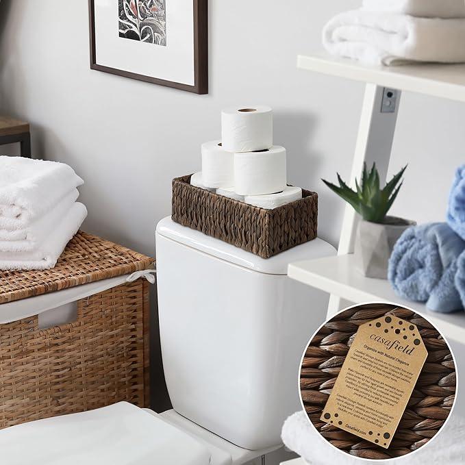 Casafield Set of 2 Bathroom Storage Baskets, Espresso - Water Hyacinth, 16" W x 6.75" D x 4.25" H, Woven Toilet Tank Topper Bins for Organizing Tissues, Toilet Paper, Toiletries, Shelves - ModernBath