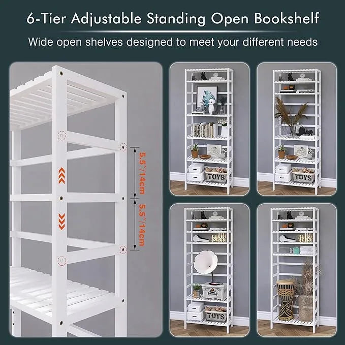 HITNET Bookshelf, 6-Tier Tall Bookcase Freestanding Bamboo Book Shelf Bathroom Storage Organizer with Adjustable Shelves, White - ModernBath