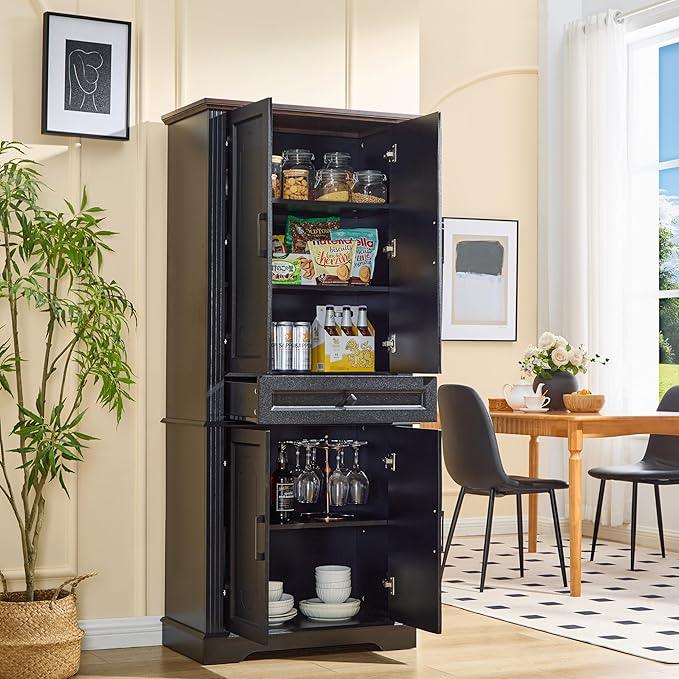 71" Black Tall Pantry Cabinet with Drawer and Adjustable Shelves, Modern Storage Cabinet with Doors, Kitchen Buffet Cabinet, Food Pantry Storage Cabinet, Coffee Bar, Living Room and Dining Room - ModernBath