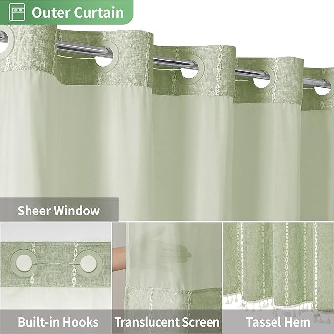 eachope No Hook Long Shower Curtain Set with Snap-in Fabric Liner,Linen Ultra Thick Fabric with Tassels,Boho Chic Modern Farmhouse Country Neutral Cloth Shower Curtains for Bathroom,Sage Green,71x80 - ModernBath