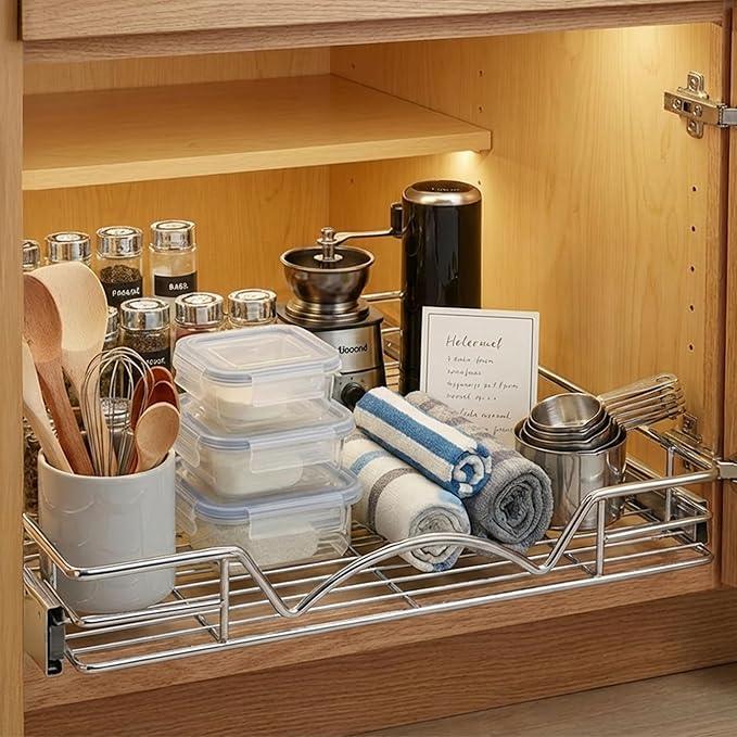 HOLDN’ STORAGE Pull Out Cabinet Organizer, Heavy Duty Caddy w/Lifetime Limited Warranty - 8”W x 21”D - Requires At Least 9-1/4” Cabinet Opening, Steel Metal Cabinet Drawers Slide Out, Chrome - ModernBath