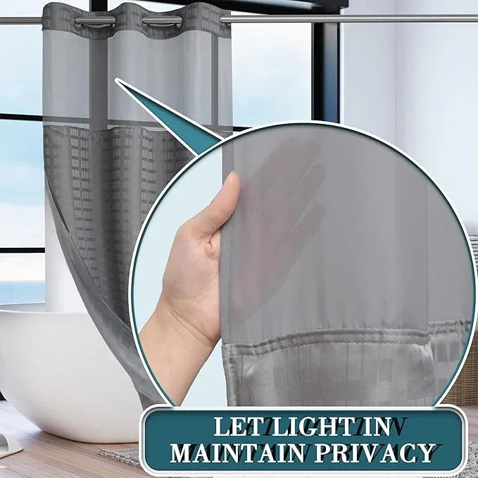 Conbo Mio Stall No Hook Shower Curtain with Snap in Liner Set, Hotel Luxury Grey Shower Curtains for Bathroom with See Through Top Window, Waterproof, Washable 36W x 74H - ModernBath